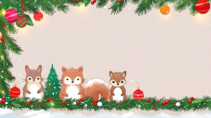 Christmas Border with cute squirrels and branches, Ornaments  with white background negative space for copy– Perfect for Holiday Projects, Christmas and new years wallpaper invitations, and websites