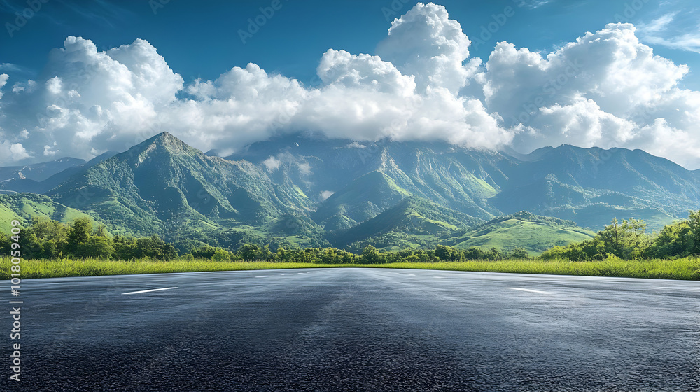 Canvas Prints Scenic view of mountains and a clear road under a blue sky.