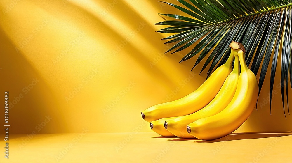 Poster a table with a yellow background has a palm leaf and a banana tree next to a pile of bananas