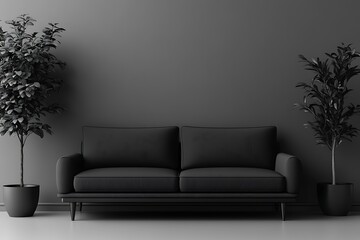 Minimalist black sofa with plants against a dark wall.