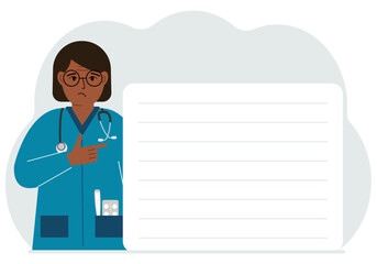 Sad woman doctor holding a file with blank paper for text. Vector flat illustration