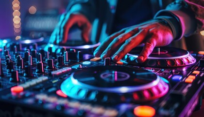 Naklejka premium DJ mixing music on turntables, vibrant colors, photography, dynamic, modern