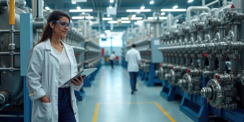  Indian Female Engineer Conducting Technical Inspections with Tablet at a Modern Production Facility