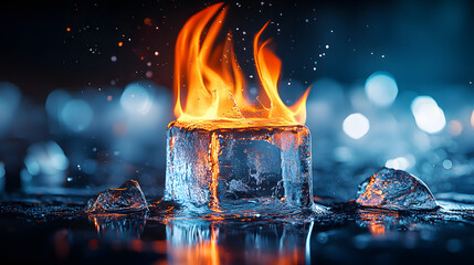Conceptual photograph of an ice cube engulfed in flames, symbolizing the contrast between fire and ice. Captivating image highlighting heat and cold dynamics.