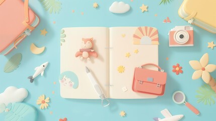 Flat lay composition of travel-themed items including an open notebook, toy camera, suitcase, and small accessories on a pastel blue background. Cute and playful design suitable for summer vacation