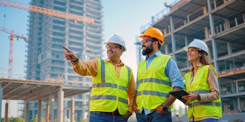 Indian Male and Female Engineers Evaluating Building Blueprints on Location
