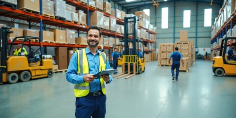 Indian Male Logistics Worker Managing Goods and Inventory in a Large Warehouse