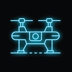 Glowing neon icon of modern blue drone recording video with bright camera