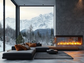 cozy living room interior with fireplace of chalet in the mountains in the winter, snowy landscape outside, generative ai