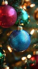 Sparkling blue christmas ornament hanging on a tree