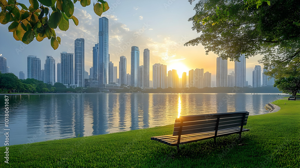 Sticker Serene lakeside view with skyscrapers at sunrise.