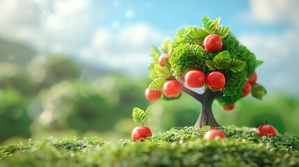 A small apple tree with red apples growing on it in a lush green field.