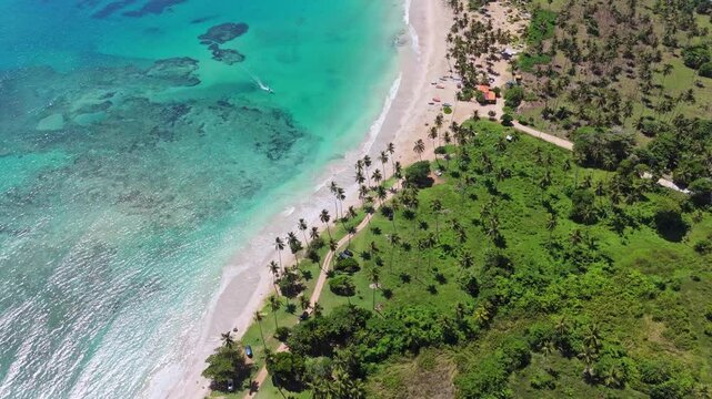 Descending drone orbit over Coquitos Beach in the Dominican Republic, overlooking palm trees, turquoise waters and coast