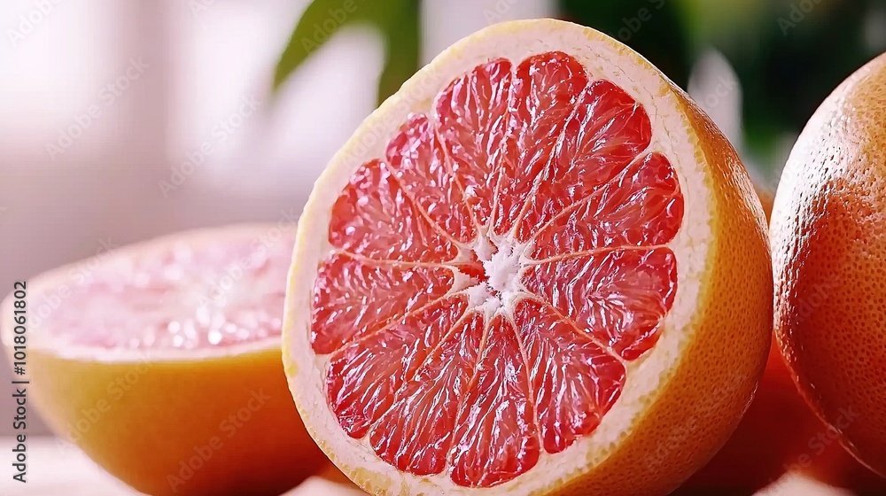 Poster a close-up of a halved grapefruit on a table with another grapefruit in the background
