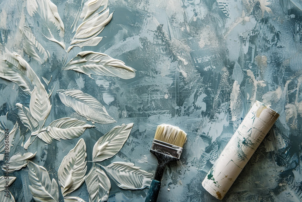 Aufkleber a textured leaf design is being created with a brush and roller on a blue surface, showcasing an art