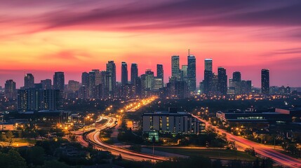Fototapeta premium Stunning Glowing Web of a Modern Urban Skyline at Sunset, Showcasing a Mesmerizing View of Skyscrapers Illuminated Against a Vibrant Sky. The Skyline is Intertwined with a Network of Glimmering Lights