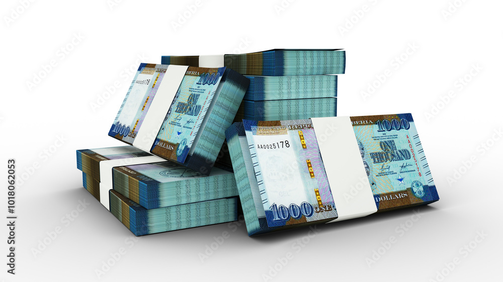 Poster 3d rendering of stack of liberian dollar notes. bundles of liberian currency notes isolated on trans