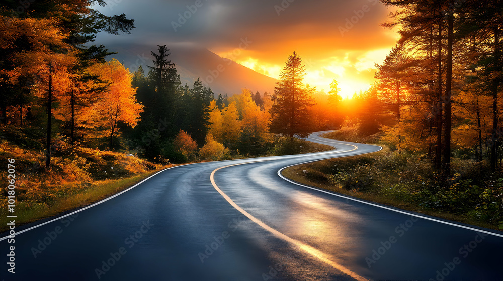 Sticker Serene winding road through autumn trees at sunset.