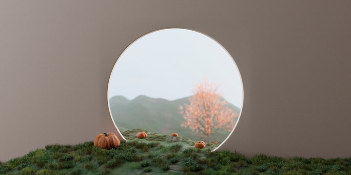 Fototapeta Pumpkin field behind white concrete wall with round window and empty space. View to secret garden with maple tree in autumn season. Thanksgiving and halloween background surreal creative concept idea.