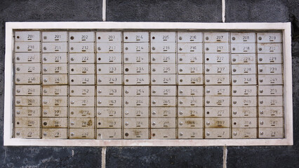 rows of old vintage metal safety deposit boxes or mailbox with numbered index and lock for safety...