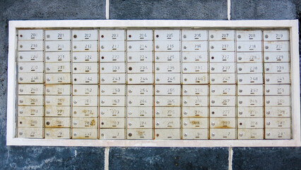 rows of old vintage metal safety deposit boxes or mailbox with numbered index and lock for safety usually using in bank or post office.