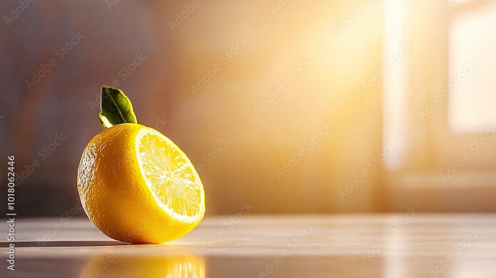 Aufkleber a close-up of a lemon on a table with sunlight streaming through the window and reflecting onto the 