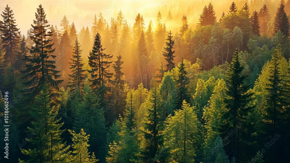 Aufkleber sunlight streams through a dense forest at dawn, illuminating the trees with a golden glow