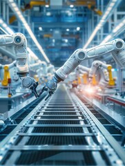 Robotic arms meticulously perform precise assembly tasks on an automotive production line, showcasing advanced manufacturing technology. Generative AI