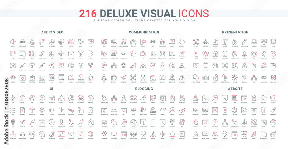 Aufkleber online speaker presentation, web communication, audio and video line icon set. bug testing and websi