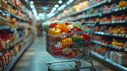 Shopping cart filled with fresh vegetables in a grocery aisle.