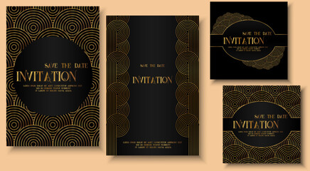Luxury invitation, Elegant template, Card frame art deco flyer and square card set. Golden geometric gradient on dark background. Premium design for gala, grand opening, party invitation, layout.