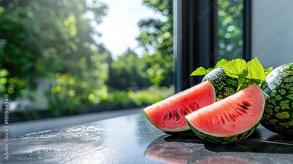 Poster a pair of watermelon slices resting on a table beside another slice