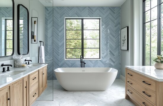 Minimalist bathroom interior with a freestanding tub and light blue herringbone wall tiles creating an elegant, bright, and serene atmosphere in a modern home setting