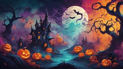 Halloween night showing haunted house with pumpkins and bats flying over full moon