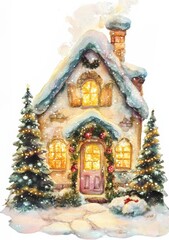 Fototapeta premium Cozy winter cottage decorated with lights and snowflakes during a snowy holiday season
