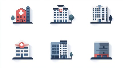 Fototapeta premium Simple, flat icons representing downtown apartments and hospitals.