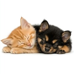 Furry Friends Cuddling: Adorable Kitty and Puppy on White Background