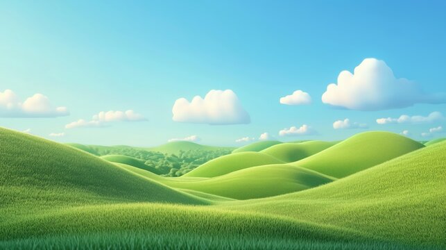 open field with smooth, rolling green hills in a 3D cartoon style.