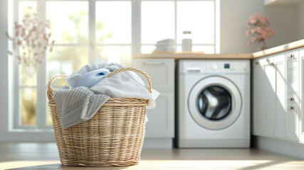 Laundry room with a wicker basket full of freshly washed clothes beside a washing machine in a bright setting