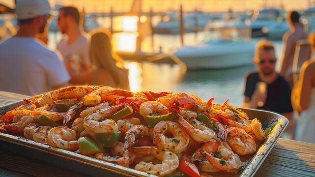 A lively birthday party at sunset with friends enjoying delicious shrimp and waterfront views