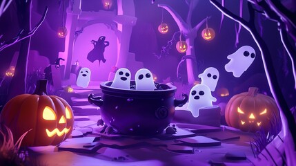A whimsical Halloween-themed game background featuring a purple color scheme and cartoon-style characters. The scene showcases a bubbling cauldron at the center, surrounded by playful pumpkin elements