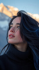 Fototapeta premium A young woman gazes thoughtfully towards the mountains during a serene sunset, her flowing hair caught in the gentle breeze of nature