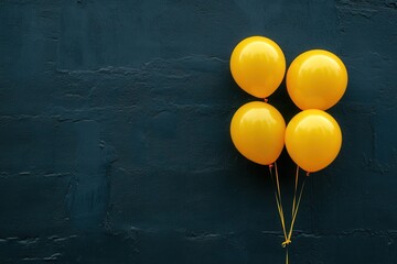 Gold balloons bunch on a black wall background. Horizontal banner.