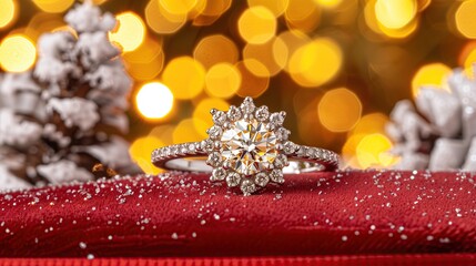 Sparkling diamond ring on red velvet bokeh background