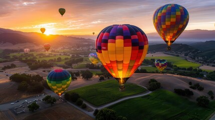 Fototapeta premium Hot air balloons over a valley, vibrant colors, photography, serene, expansive