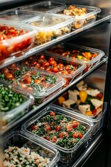 Obraz premium Meal prep containers neatly arranged in a refrigerator. Fresh produce neatly organized in fridge