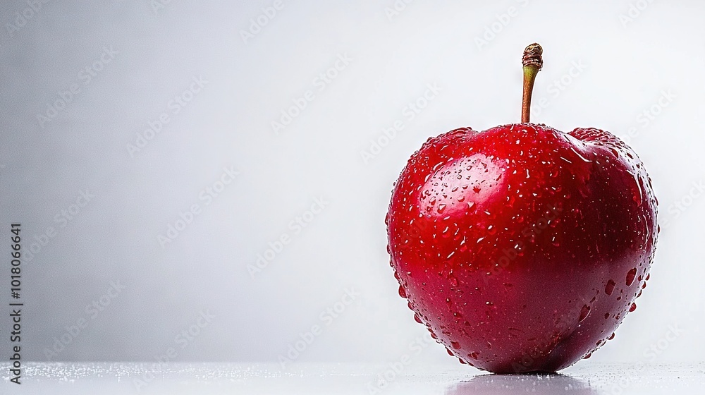 Poster a high-resolution image of a close-up red apple with water droplets on a white background is optimal