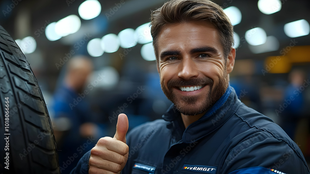 Poster smiling mechanic giving a thumbs-up in a workshop setting.