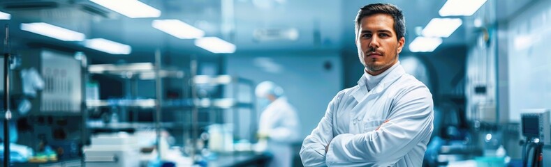 Portrait of male surgeon standing with arms crossed in operation theater at hospital. Team surgeons are performing an operation, middle aged doctor is looking at camera, in a modern operating room