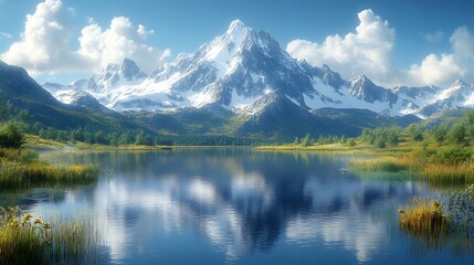 A serene mountain lake with snow-capped peaks reflected in its calm waters under a clear blue sky.